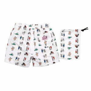 Thanks.London - Kids White Thanks Board Shorts - AOP - Laid Flat Back with Bag